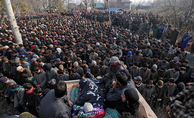 People offer funeral prayers for Sameer Ahmad Wani, a suspected militant who according to local media was killed in a gunbattle with Indian security forces on Wednesday evening, in Chaigund village in south Kashmir's Shopian