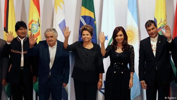 Latin American Presidents. From left to right: Evo Morales (Bolivia), José Mujica (Uruguay), Dilma Rousseff (Brazil), Cristina Fernandez (Argentina), Rafael Correa (Ecuador) in 2014.