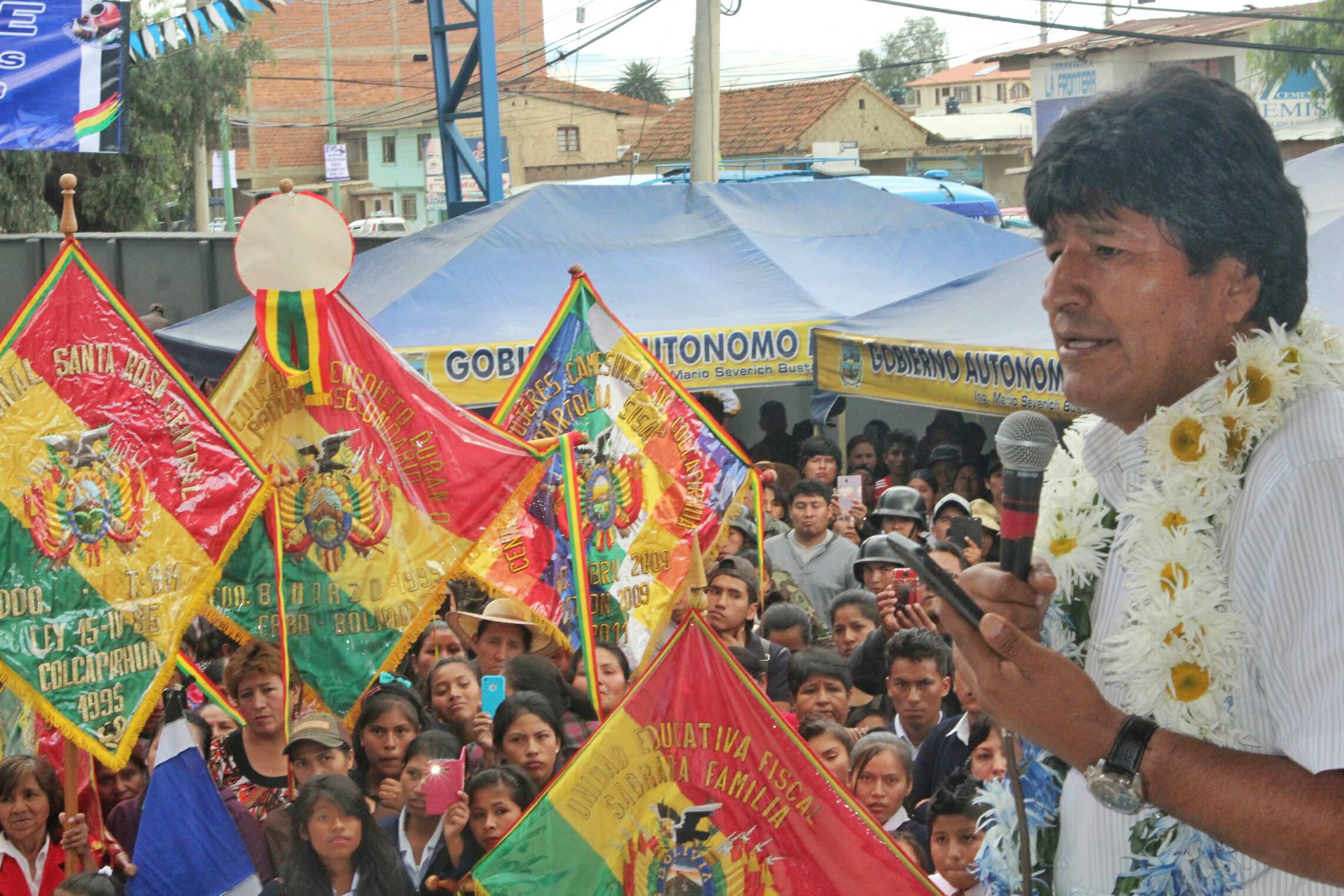 Presidente Evo Morales en un evento de entrega de una obra en Cochabamba.