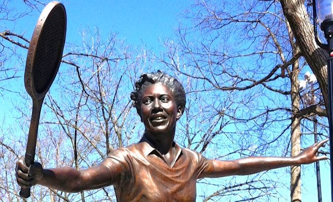 A bronze statue of Althea Gibson, created by sculptor Thomas Jay Warren, in New Jersey.