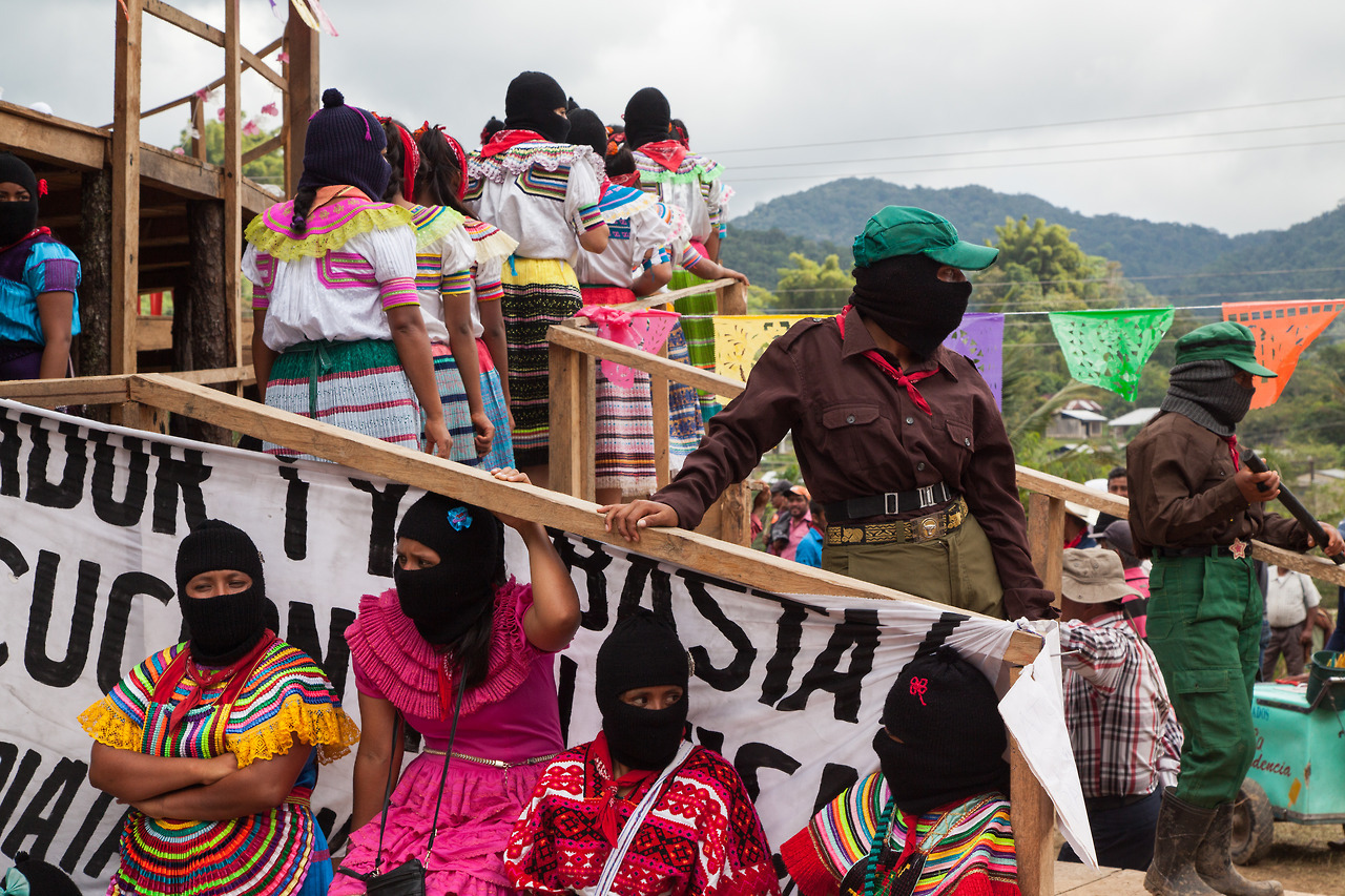 Zapatista women soldiers and dancers during a political event in the Guadalupe Tepeyac autonomous community in Chiapas. October 17, 2017.