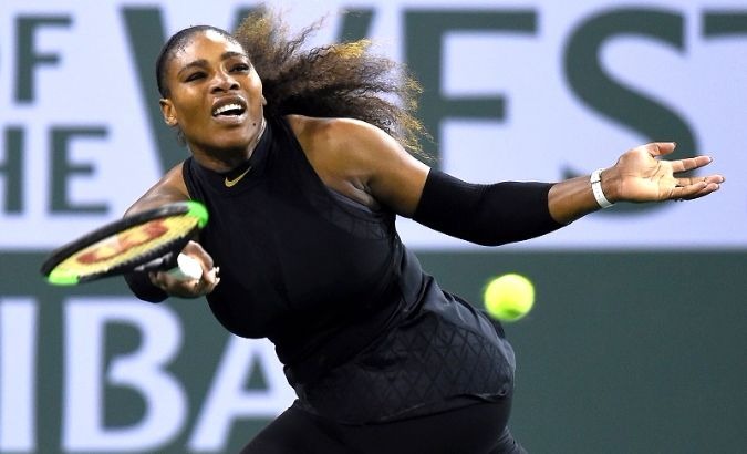 Serena Williams makes a return during a fixture at Indian Wells 2018.