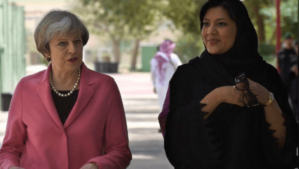British Prime Minister Theresa May (L) with Saudi head of the women's section at the general authority for sports, Reema Bint Bandar al-Saud, during their meeting at Olympic headquarters in Riyadh, Saudi Arabia April 5, 2017.