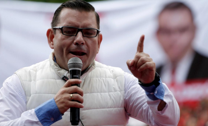 Renewed Democratic Liberation (LIDER) party's presidential candidate Manuel Baldizon addresses supporters during a political rally in Villa Nueva, on the outskirts of Guatemala City, September 4, 2015.