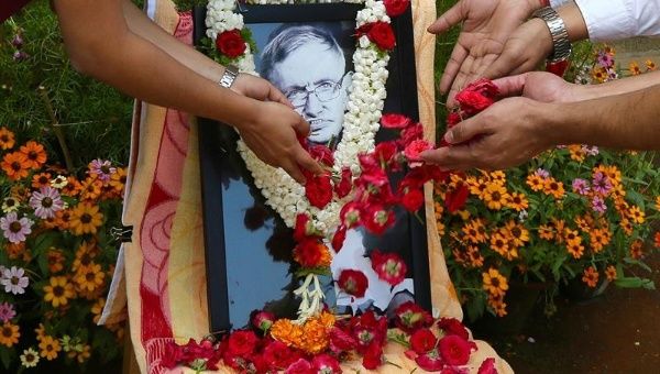 Members of the Indian Institute of Science pay tribute to late scientist Stephen Hawking. Bangalore, India. March 15, 2018.