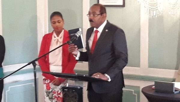 Gaston Browne takes the oath of office ahead of serving his second term as Prime Minister of Antigua and Barbuda.