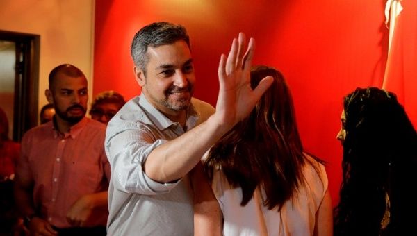 Paraguay's presidential candidate Mario Abdo Benitez, of the Colorado Party gestures during a meeting with supporters at the party's headquarters in Asuncion, Paraguay March 21, 2018. 