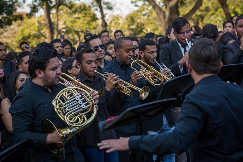 Musicians attend Abreu's funeral service in Caracas, Venezuela. March 25, 2018.