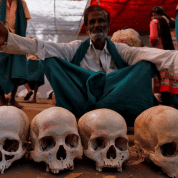 Farmers display skulls during a protest demanding relief from the government in New Delhi. 