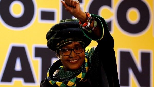 Winnie Madikizela Mandela gestures to supporters at the National Conference of ruling African National Congress in Johannesburg, South Africa Dec.16, 2017. 