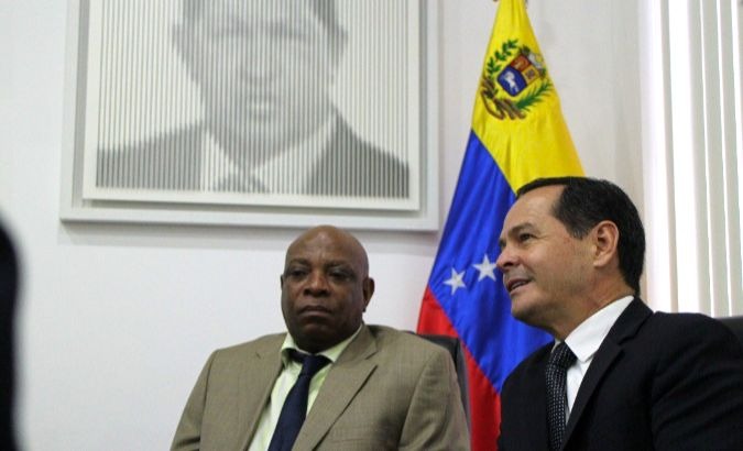 South African Ambassador Joseph Muzi Khehla (Right) meets with Venezuela's Minister of Foreign Trade and International Investment, Jose Gregorio Vielma Mora, (Left) in Caracas.