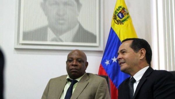 South African Ambassador Joseph Muzi Khehla (Right) meets with Venezuela's Minister of Foreign Trade and International Investment, Jose Gregorio Vielma Mora, (Left) in Caracas.