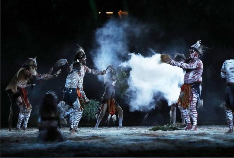 Aboriginal culture took center stage during the opening ceremony, despite protests by 100 Indigenous rights activists demonstrating outside the stadium in a heavy downpour.