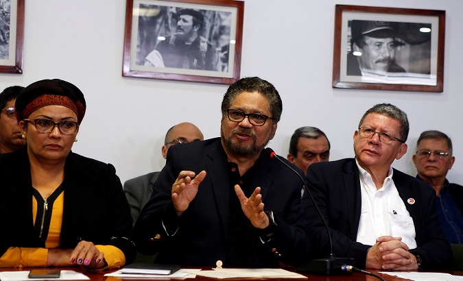 Ivan Marquez of the political party of FARC speaks during a news conference in Bogota, Colombia April 10, 2018.