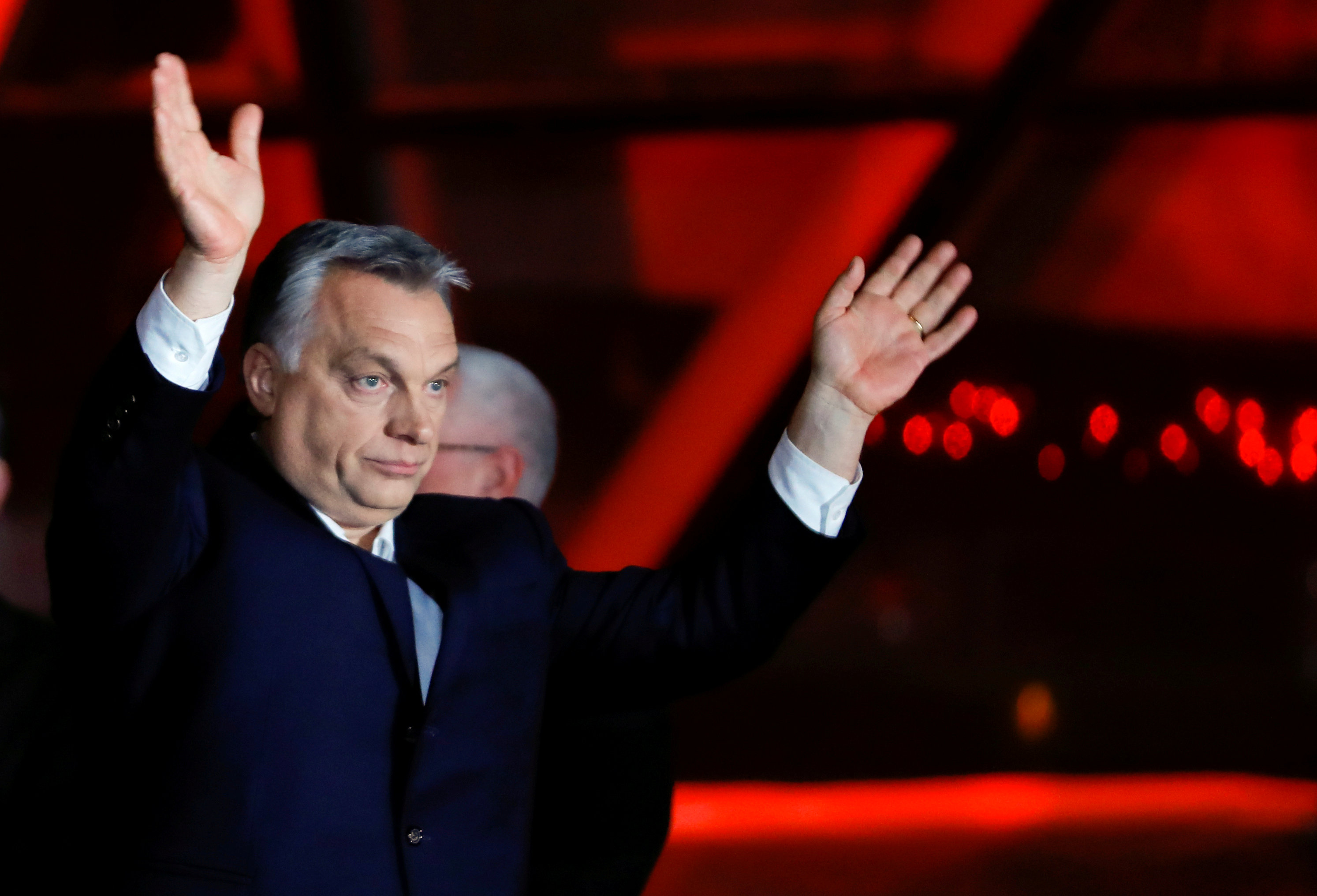 Hungarian Prime Minister Viktor Orban addresses the supporters after the announcement of the partial results of parliamentary election in Budapest, Hungary, April 8, 2018.