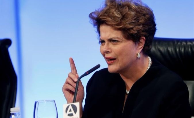 Former Brazilian President Dilma Rousseff speaks in Madrid, Spain.