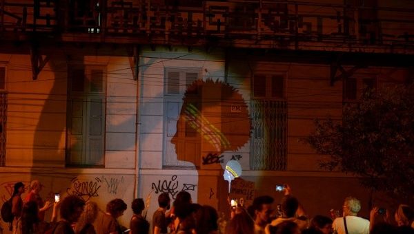 A protest against Franco's shooting one month after her death, in Rio de Janeiro, Brazil April 14, 2018. 