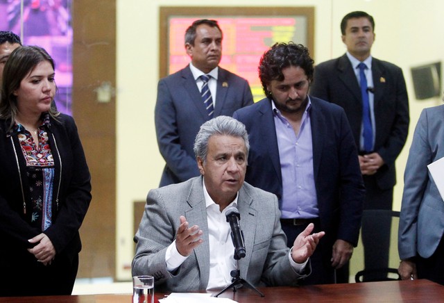 Ecuador's President Lenin Moreno gives a news conference after two Ecuadorean journalists and their driver were killed after being kidnapped in March.