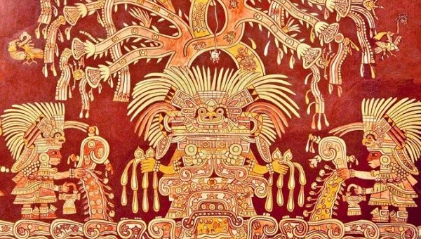 An Aztec mural depicting the use of Ololiuhqui, a seed containing LSA.