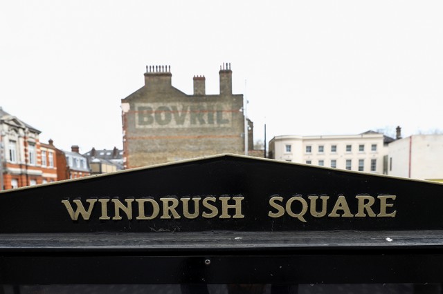 A sign stands on display at Windrush Square in the Brixton district of London, Britain.