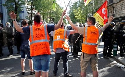 State-owned railway company SNCF employees and CGT labour union members during a demonstration in Paris, April 18. 