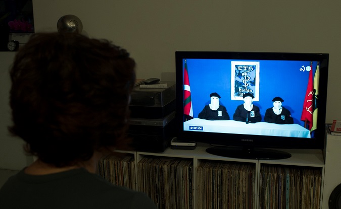 A news program announcing the dissolution of armed Basque separatists ETA due for the first week of May, according to local television station ETB, in Guernica, April 18, 2018.