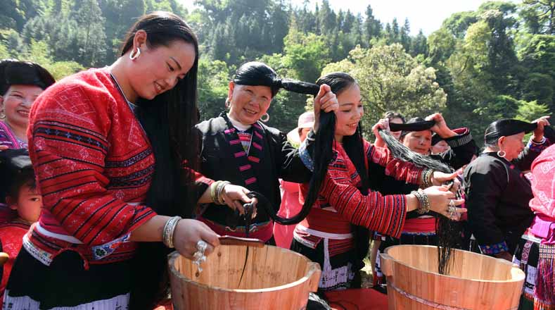 Delante de pobladores vecinos y visitantes, las féminas de la etnia Yao muestran la dedicación que dan a su cabello para conservar la longitud y belleza del mismo.