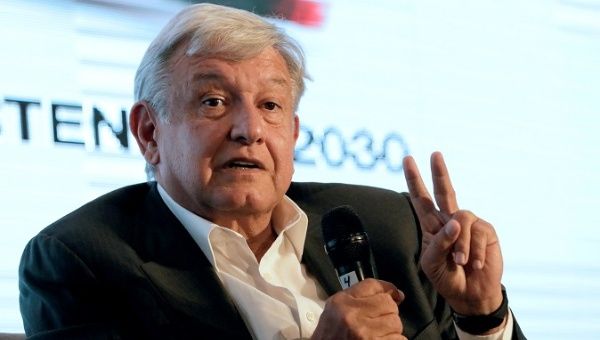 Leftist front-runner Andres Manuel Lopez Obrador of the National Regeneration Movement (MORENA) addresses the audience during a conference organised by the Mexican Construction Industry Association in Guadalajara, Mexico March 23, 2018. 