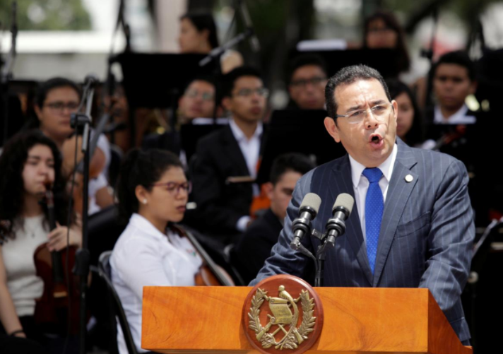 Guatemala's President Jimmy Morales addresses the audience during the inauguration of the Spanish Square in Guatemala City, Guatemala September 12, 2017.