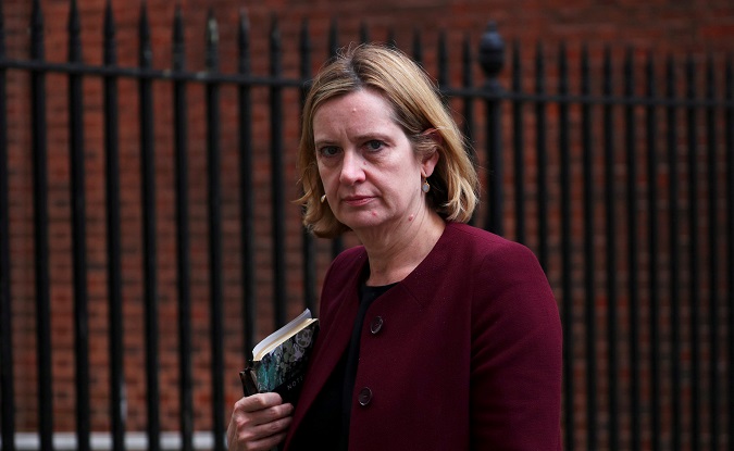 Britain's Home Secretary Amber Rudd leaves 10 Downing Street in London, April 10, 2018.