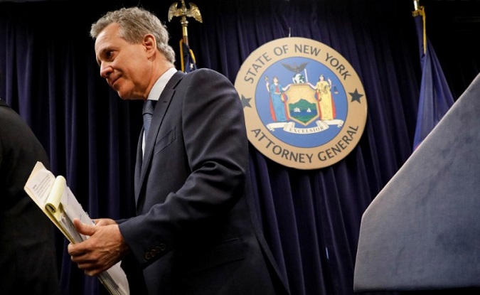 New York Attorney General Eric Schneiderman speaks during a news conference  in New York, U.S., February 12, 2018.