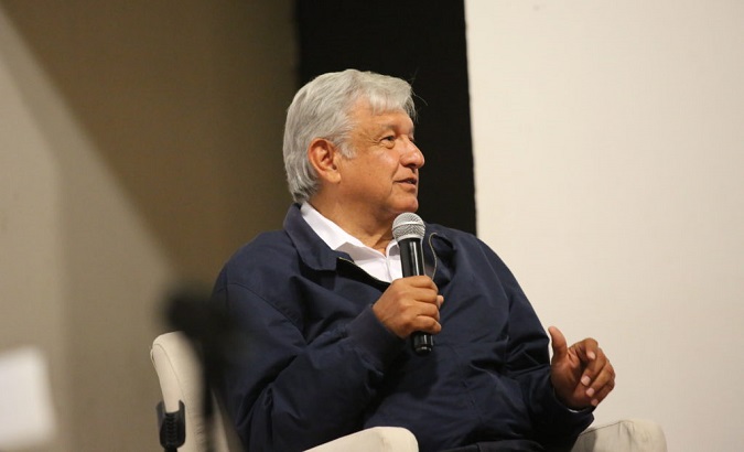 Mexican front-runner candidate Andres Manuel Lopez Obrador speaking during a dialogue on peace and justice, May 8, 2018.