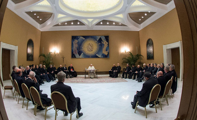 Pope Francis meets Chilean bishops at the Vatican, May 15, 2018.