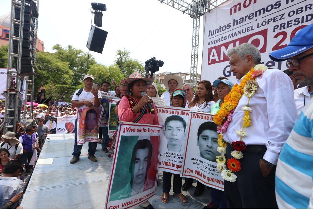 Andres Manuel Lopez Obrador met with some of the families, relatives, and friends of the 43 students during the rally in the city Iguala in southwestern Mexico.
