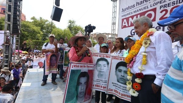 Andres Manuel Lopez Obrador met with some of the families, relatives, and friends of the 43 students during the rally in the city Iguala in southwestern Mexico.