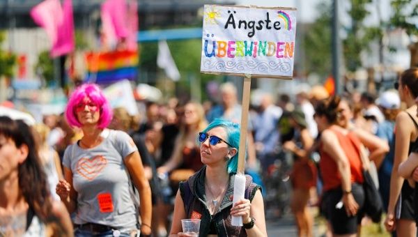 People stage a protest against Anti-immigration party Alternative for Germany (AfD) in Berlin