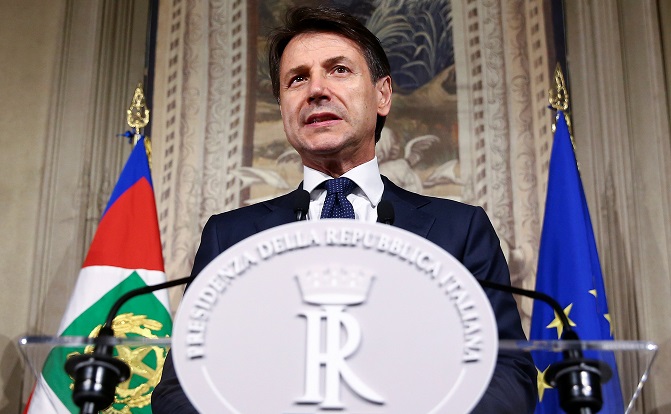 Italy's Prime Minister-designate Giuseppe Conte talks to the media at the Quirinal Palace in Rome, Italy, May 31, 2018.