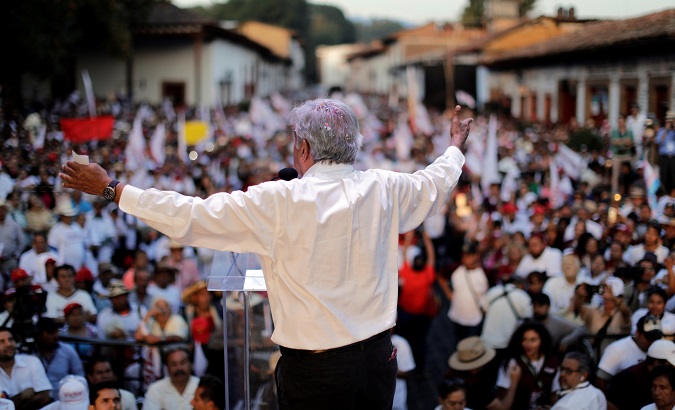 Leftist front-runner Andres Manuel Lopez Obrador addresses supporters during a campaign rally in Patzcuaro, Michoacan state, Mexico May 31, 2018.