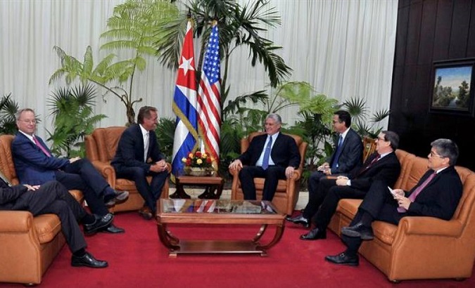 Cuban President Miguel Diaz-Canel meets with U.S. Senator Jeff Flake and Google's former CEO Eric Schmidt in Havana, Cuba, June 4, 2018.