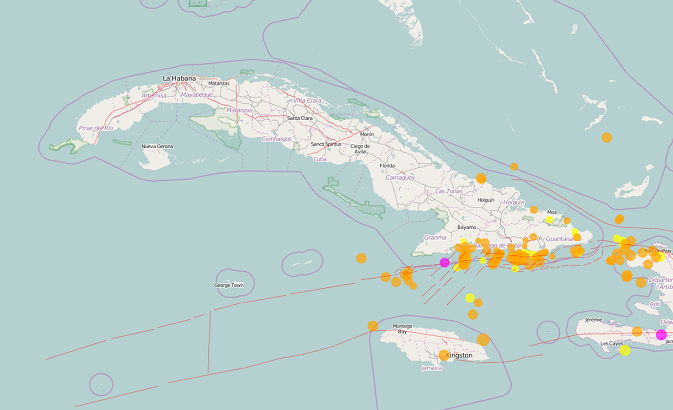 A map of seismic activity in Cuba, recorded by National Center of Seismological Investigation (Cenais).