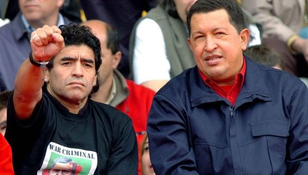 Maradona and Chavez protest the Free Trade Area of the Americas during the 4th Summit of the Americas at Mar de la Plata, Argentina, Nov. 4, 2005