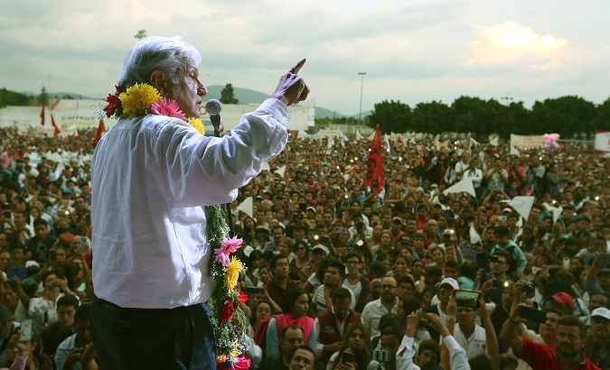 Leftist front-runner Andres Manuel Lopez Obrador of the National Regeneration Movement addresses supporters during a rally in Atlixco, Mexico June 6, 2018.