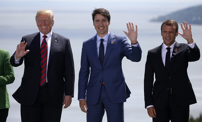 U.S. President Donald Trump with Canada's Prime Minister Justin Trudeau and French President Emmanuel Macron at the G7 meeting.