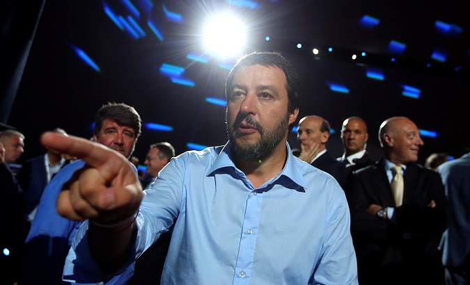 Interior Minister Matteo Salvini arrives at the Italian Business Association Confcommercio meeting in Rome on June 7, 2018.