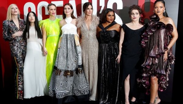 Cast members (L to R) Cate Blanchett, Awkwafina, Sarah Paulson, Anne Hathaway, Sandra Bullock, Mindy Kaling, Helena Bonham Carter and Rihanna pose at the world premiere of the film 