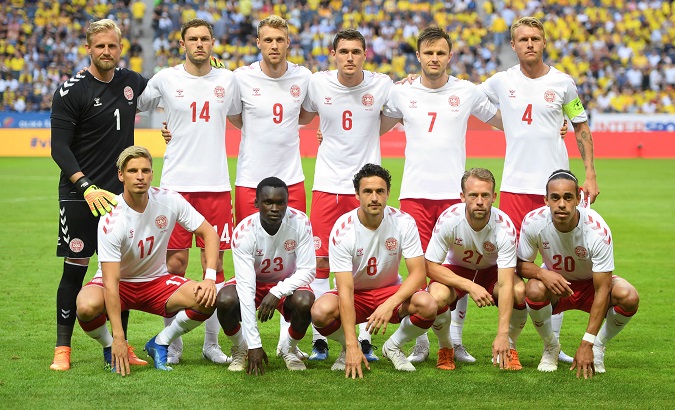 Denmark's team, including the Ugandan-born Pione Sisto, poses before a friendly match with Sweden. Stockholm, Sweden. June 2, 2018.