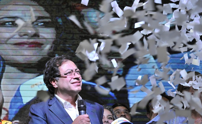 Presidential candidate Gustavo Petro is showered with confetti as he addresses supporters after being defeated by Ivan Duque in Colombia's presidential election, in Bogota, Colombia, June 17, 2018.