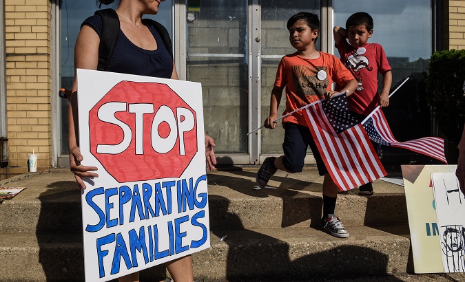 People participate in a protest against recent U.S. immigration policy in front of a Homeland Security facility in Elizabeth, NJ, June 17, 2018.
