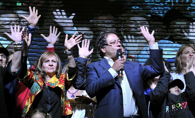 Gustavo Petro accompanied by relatives as he addresses supporters after being defeated by Duque in Colombia's presidential election, in Bogota, Colombia, June 17, 2018.