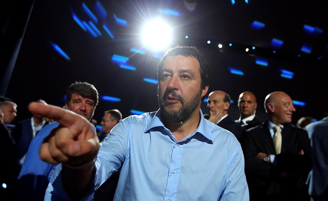 Interior Minister Matteo Salvini gestures as he arrives at the Italian Business Association Confcommercio meeting in Rome, Italy, June 7, 2018.